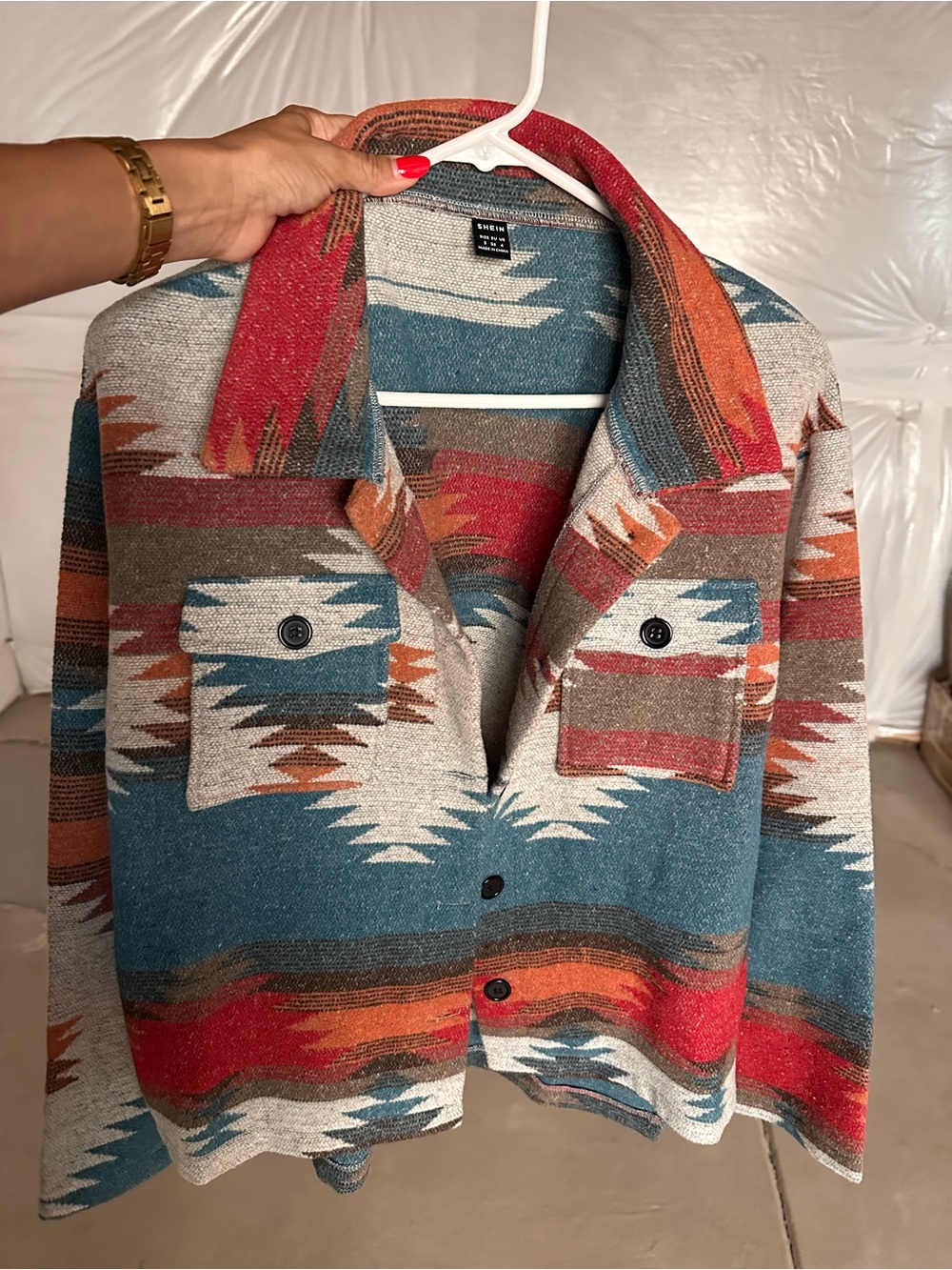 SHEIN Multicolor Southwestern Aztec Print Jacket - Teal, Red, Orange, Brown